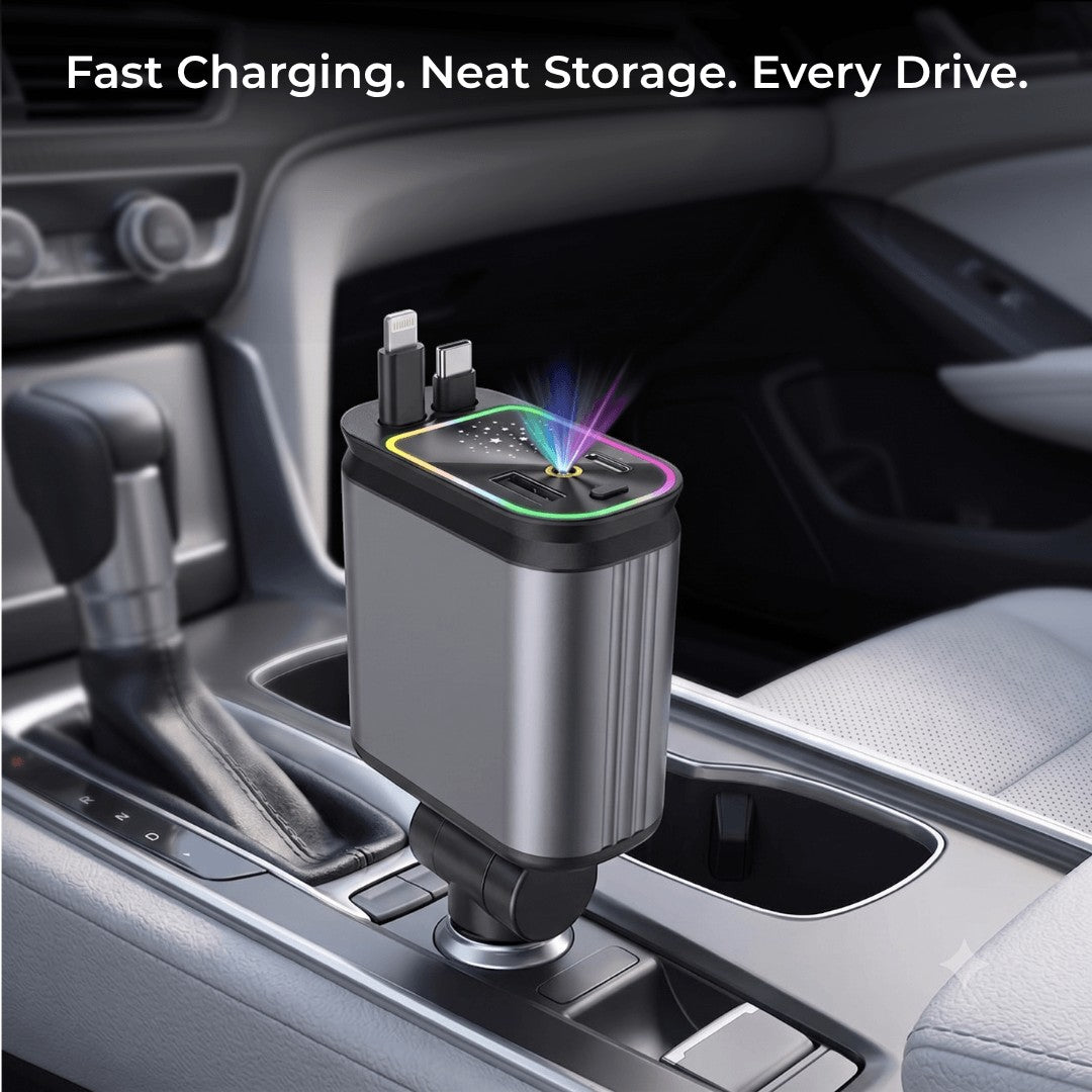Nextro StarGlow fast car charger with RGB lighting and integrated charging cables in a modern vehicle console