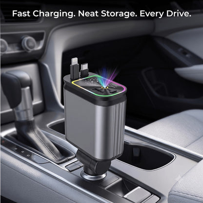 Nextro StarGlow fast car charger with RGB lighting and integrated charging cables in a modern vehicle console