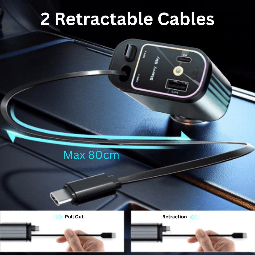 Nextro StarGlow fast car charger with two retractable cables and multiple USB ports for quick device charging